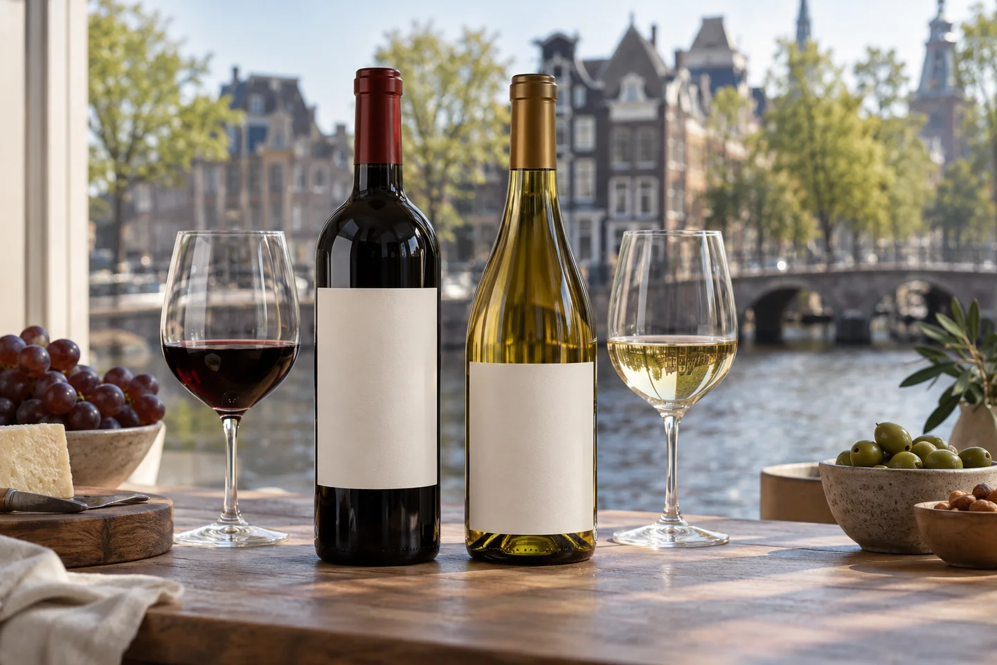 Wijnflessen en glazen op een tafel