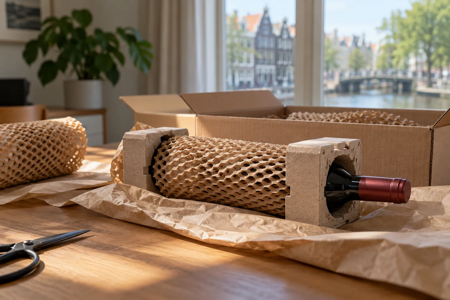 Wijnfles beschermd in een verzenddoos